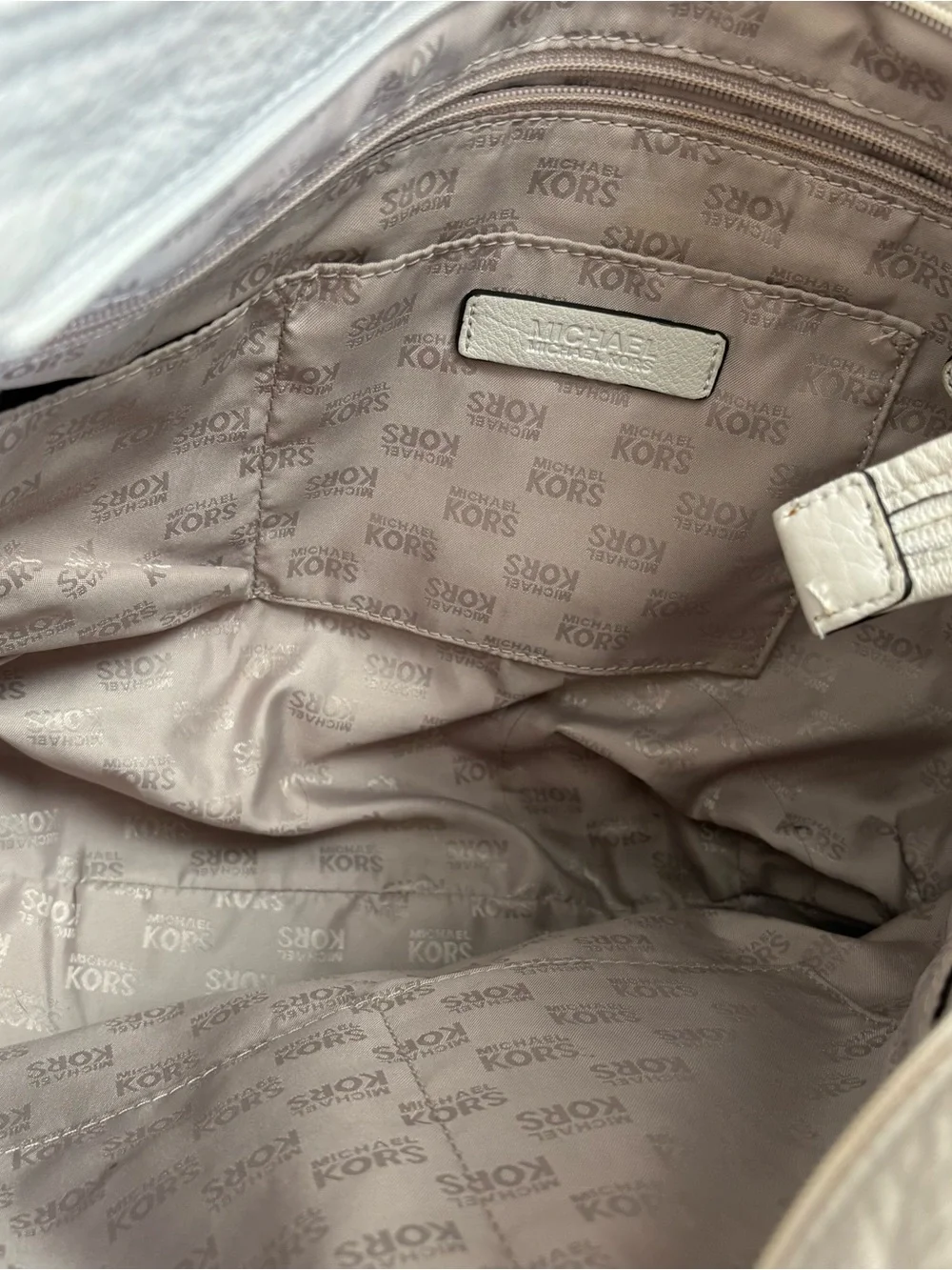 Michael Kors quiet luxury Cream Pebbled Leather Tassel Hobo Bag purse gold trim